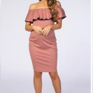 Pink blush mauve off shoulder ruffle fitted maternity dress